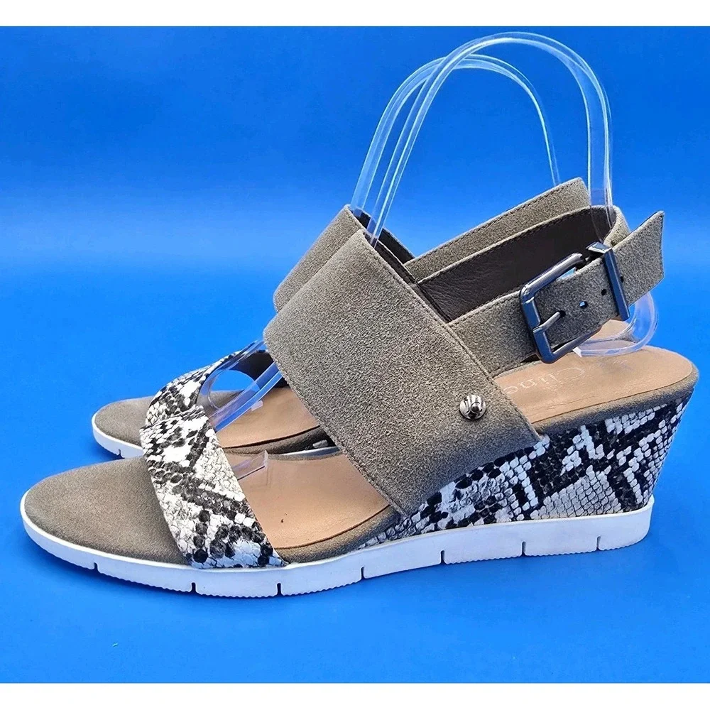 Jessica Cline Ryleigh Taupe Snakeskin‎ Print Wedge Sandals Womens 7.5 M 751295